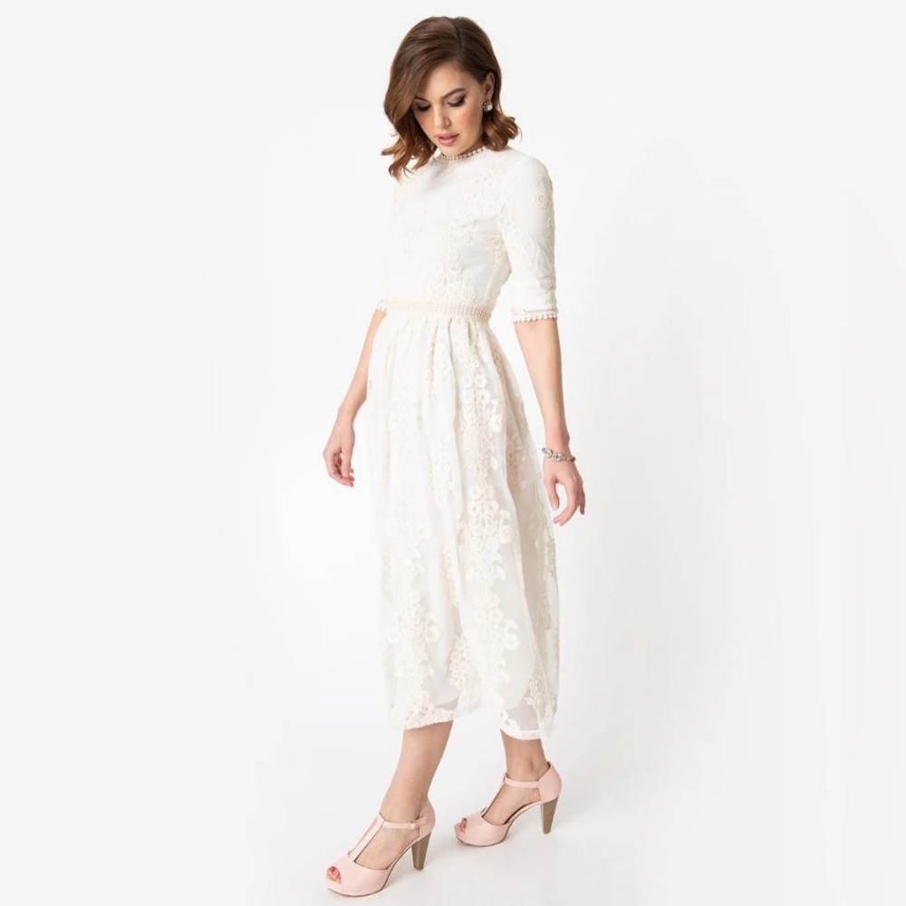🦋B2G1🦋Vintage Style Antique Ivory Embroidered Lace Modest Midi Dress NWOT - Picture 3 of 14